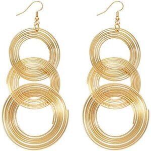 Women Gold Plated Long 70s Disco Earrings hoop round 3 circles Multi-layer drop